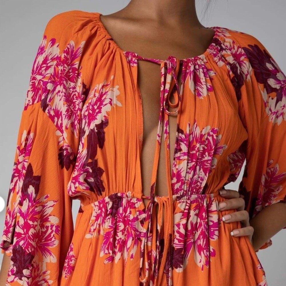Hello Molly Romper Womens Size 6 Orange Floral Off Shoulder Boho Festival - Picture 2 of 11